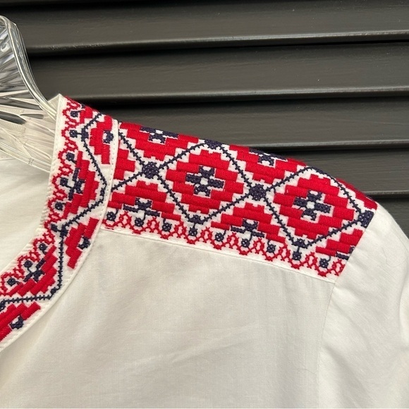 J. Crew Tunic/Mini Shirtdress Embroidered Red & Navy Geometric Patterns, Size Sm - Picture 7 of 16
